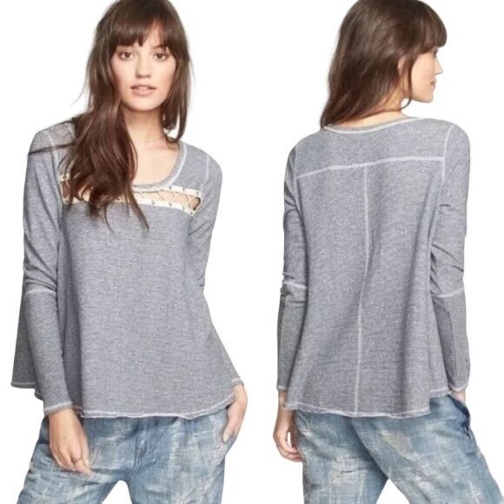 Free People Lacey Love Blue Striped Lace Up Top